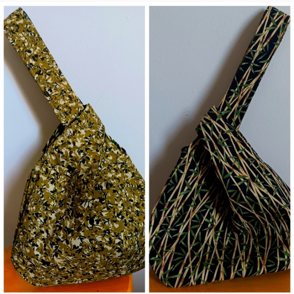 Japanese Knot Bag Purse. Fabric Reversible Bamboo Design NEW Artisan Made.